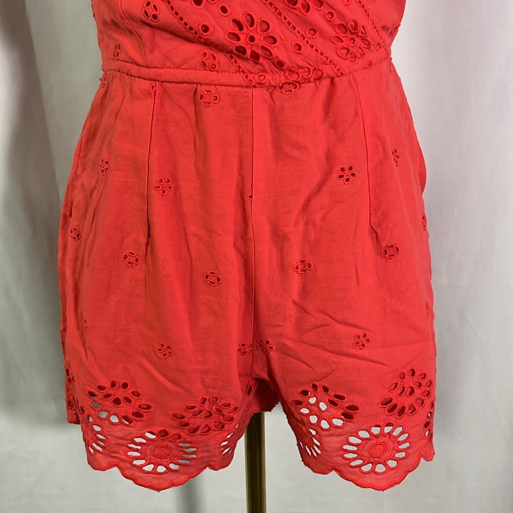 NWOT Japan Coral Pink Embroidered Floral Eyelet Sleeveless Cotton Romper - Picture 7 of 16
